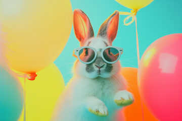 Cute Easter bunny with balloons. Easter party. Generative Ai - 753582871