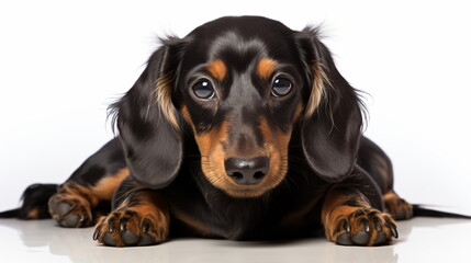 Studio shot of an adorable dachshund puppy isolated on white background