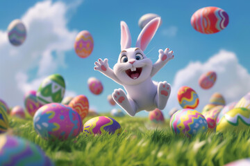 Cute Easter bunny smiling and jumping on a green meadow with Easter eggs. Generative ai  - 753583013