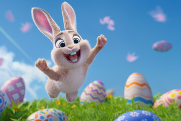 Cute Easter bunny smiling and jumping on a green meadow with Easter eggs. Generative ai  - 753583047