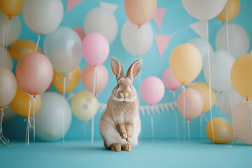 Cute Easter bunny with balloons. Easter party. Generative Ai - 753583090