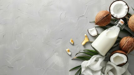 Coconut milk bottle, fruit and peel on gray background. Top view