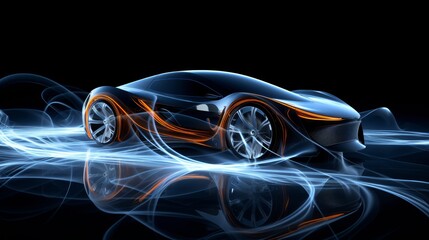 Futuristic sports car wireframe at intersection with custom led lights for a dynamic visual impact.