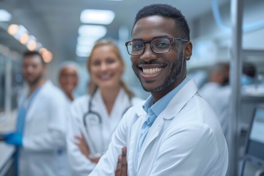 Confident healthcare professionals standing in a hospital hall