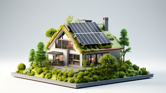 3D render of a modern smart home, featuring solar panels for renewable energy. Solar panels, green energy for home, white background, 3d illustration
