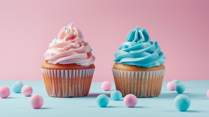 Sweet pastel pink blue baby shower cupcakes on birthday party blurred background. Card, poster, copy space. Gender reveal, it is a boy or girl concept. Generative ai