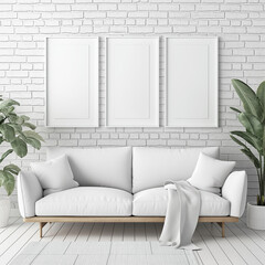 Modern Minimalist Living Room with White Sofa and Blank Frames