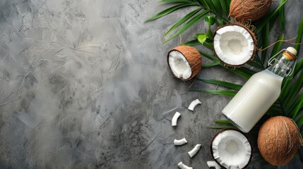 Fototapeta na wymiar Coconut milk bottle, fruit and peel on gray background. Top view