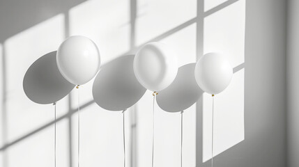 Aesthetic light background with three white balloons. Greeting anniversary card concept. Copy space. Generative AI