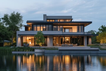 A modern minimalist house nestled along the shores of a tranquil lake