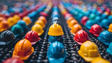 Colorful worker construction hard safety helmets hat for safety projects. 1st May - International labor day concept. Generative ai.