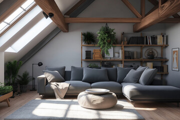 Fototapeta premium Attic living room interior, 3d rendering mock-up illustration