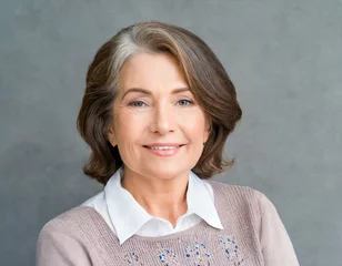 Fotobehang portrait of beautiful 55 65 year old woman senior older female on gray background © OceanProd