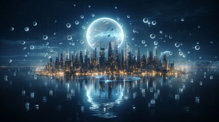 Futuristic cityscape with skyscrapers, towers, and flying vehicles in 3d scene illustration concept.