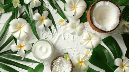 Coconut oil and tropical leaves and flowers. Hair care spa concept.