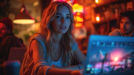 Obraz premium portrait of a young girl blogger sitting in front of a laptop