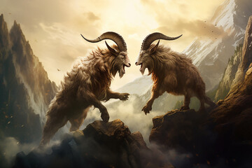 male goats fighting horns on a mountain cliff - obrazy, fototapety, plakaty