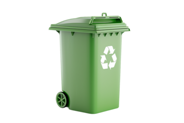 Green recycling bin with grass around it