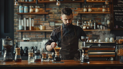 barista behind the cafe counter. Making coffee
