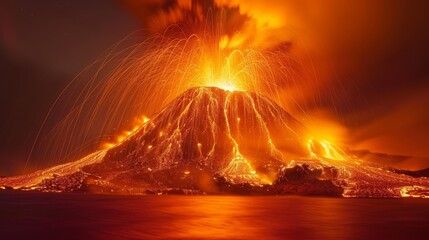 A dramatic night scene capturing the raw power of an erupting volcano with glowing lava rivers flowing down its slopes.
