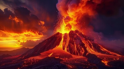 A spectacular sunset provides a dramatic backdrop to the violent eruption of a volcano, casting a fiery glow across the sky.