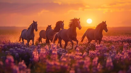 Fototapeta na wymiar A herd of wild horses gallops through a field of blooming flowers at sunset, with warm golden light casting a soft glow.