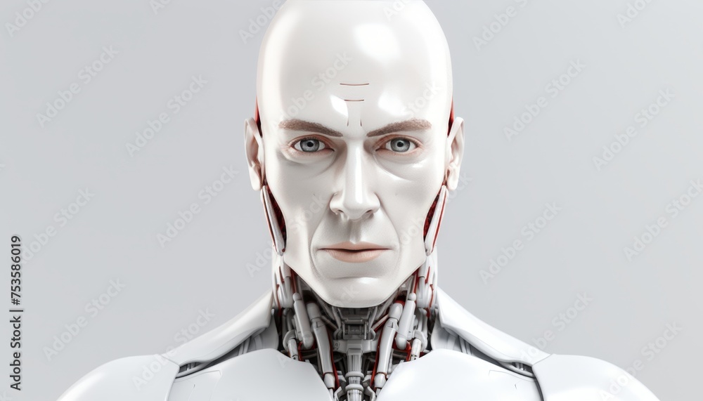 Poster futuristic white ai humanoid robot person portrait with ample copy space for text placement.