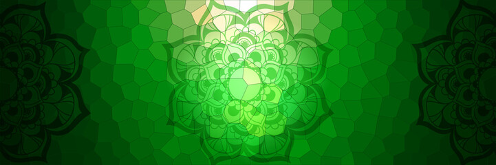 Glowing green color background, glass surface illustration, with graphic mandala elements, space for text
