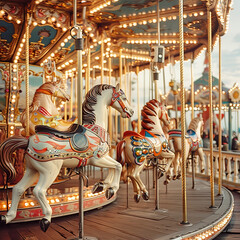 Charming old-fashioned carousel with horses on a seaside pier.