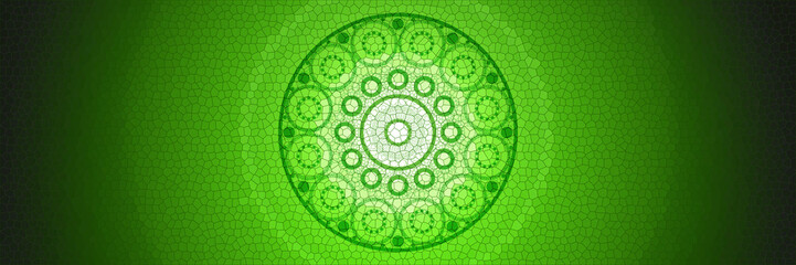 Glowing green color background, glass surface illustration, with graphic mandala elements, space for text
