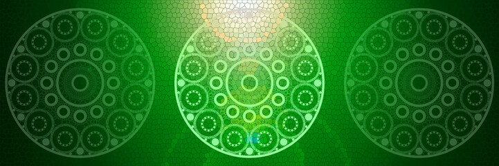 Glowing green color background, glass surface illustration, with graphic mandala elements, space for text
- 753586080