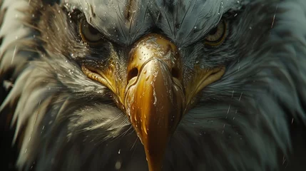 Fotobehang A detailed close-up of an eagle's face, highlighting the piercing eyes and beak with glistening water droplets adorning the feathers. © Sodapeaw