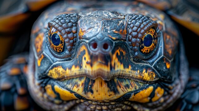 A macro photograph showcases the vibrant and textured details of a box turtle's face, emphasizing its unique eyes and patterned skin.