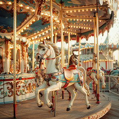 Fototapeta na wymiar Charming old-fashioned carousel with horses on a seaside pier.
