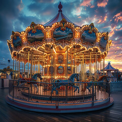 Charming old-fashioned carousel with horses on a seaside pier at sunset.