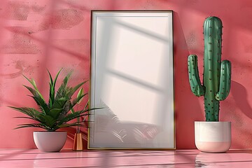 Modern Aesthetic Interior Decor Pink Wall with Green Plants and Blank Canvas, Perfect for Artistic and Stylish Home Decoration Concepts