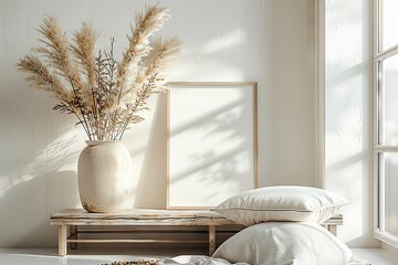 Boho Style Interior Design Sunlit Room with Mockup Poster, Rustic Vase with Pampas Grass, and Cozy Seating Area