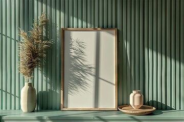 Minimalist Interior Design White Painted Wooden Frame Mockup on a Green Table, Accented by a Wooden Plate Decor and Green Corrugated Wall Panels