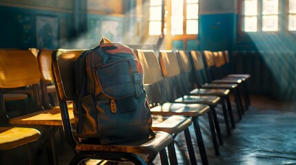 Blue backpack with school supplies sits on a wooden chair in an empty classroom illuminated by light seeping in from the window, back to school concept