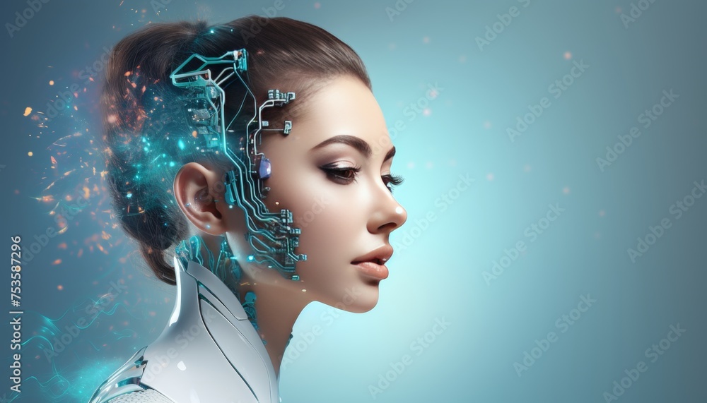 Poster futuristic white artificial intelligence humanoid robot portrait with empty space for text placement