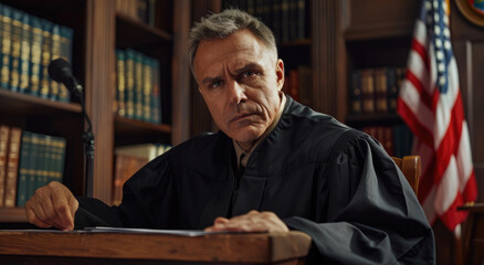 A court judge sitting behind the bench in black robes with an American flag on his right side, a serious facial expression looking at the camera