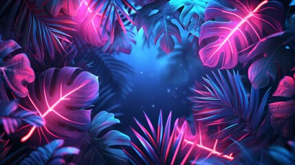 Party Banner Design Neon Light on Fluorescent Tropic Leaves Background.
