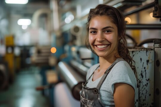 Confident female print operator working at industrial offset press