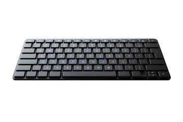 A black computer keyboard with rectangular keys sits alone on a bright transparent background