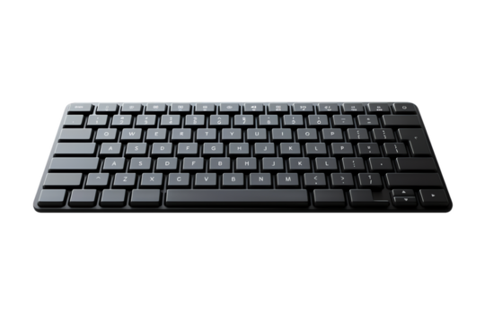 A black computer keyboard with rectangular keys sits alone on a bright transparent background
