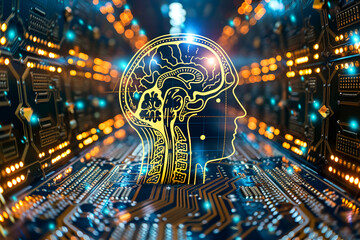 Translucent brain abstraction of futuristic medicine showing chip implantation and connection with artificial intelligence. Against the background of the Internet and the global network.