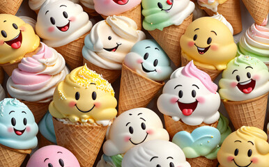 a lot of happy ice cream, cheerful, cute face, great mood