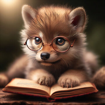 adorable cute baby wolf or dog with glasses reading a book