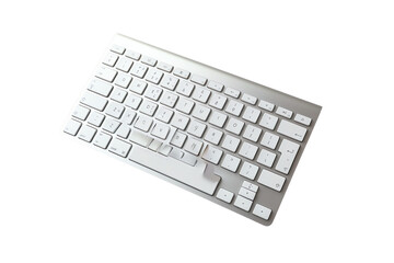 A grey computer keyboard with various keys for letters, symbols, and numbers sits alone on a white background