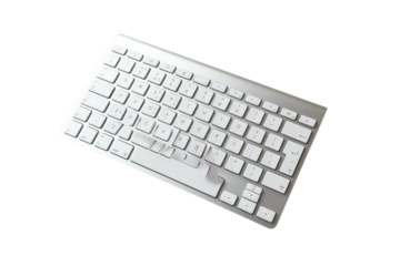 A grey computer keyboard with various keys for letters, symbols, and numbers sits alone on a white background